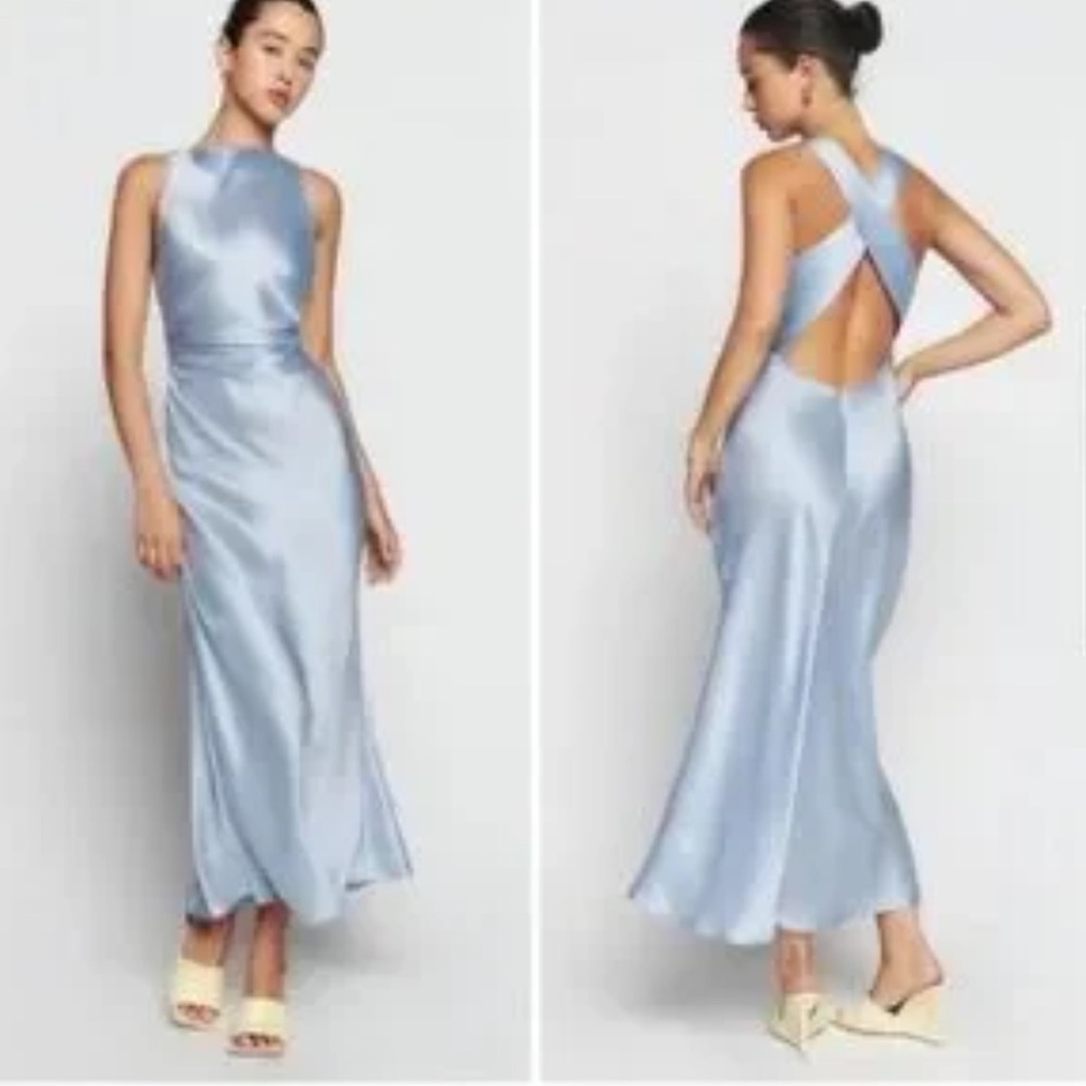 Reformation Pale Blue Satin Backless Halter Dress